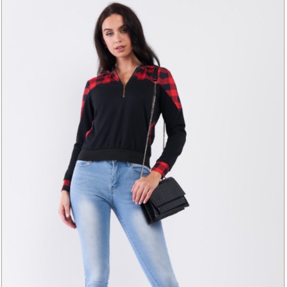 Buffalo Plaid Detachable Hood Zip Up Sweater Top - Picture 4 of 4